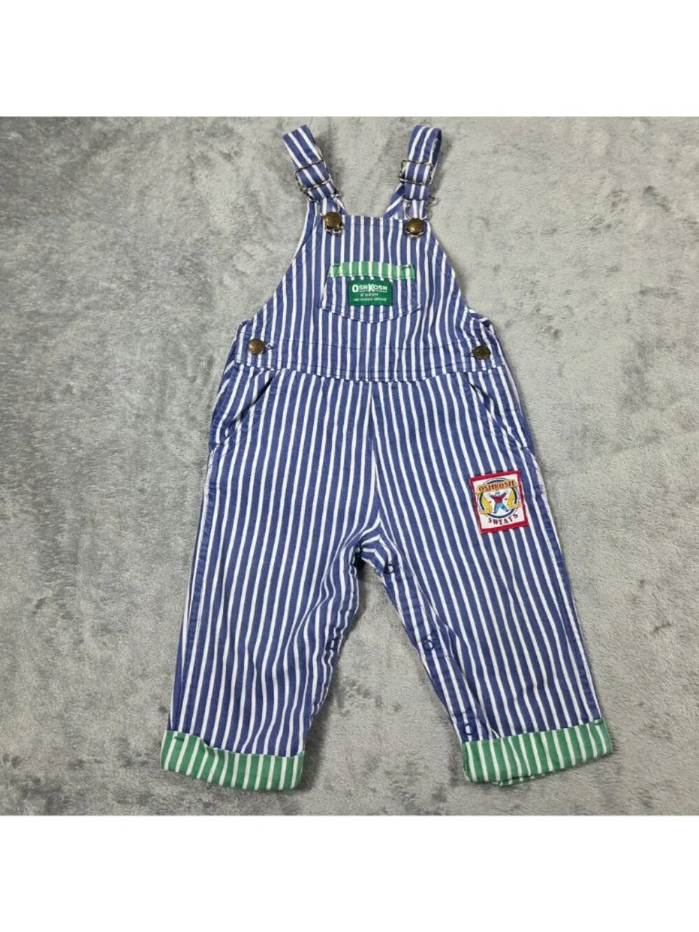 Vintage OshKosh BGosh Overalls 24 Mo Blue Striped Green Cuff Denim Vestbak USA
